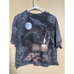 The Mountain Black Gray Tie Dye Black Cat Witchy Books Graphic T Shirt Large